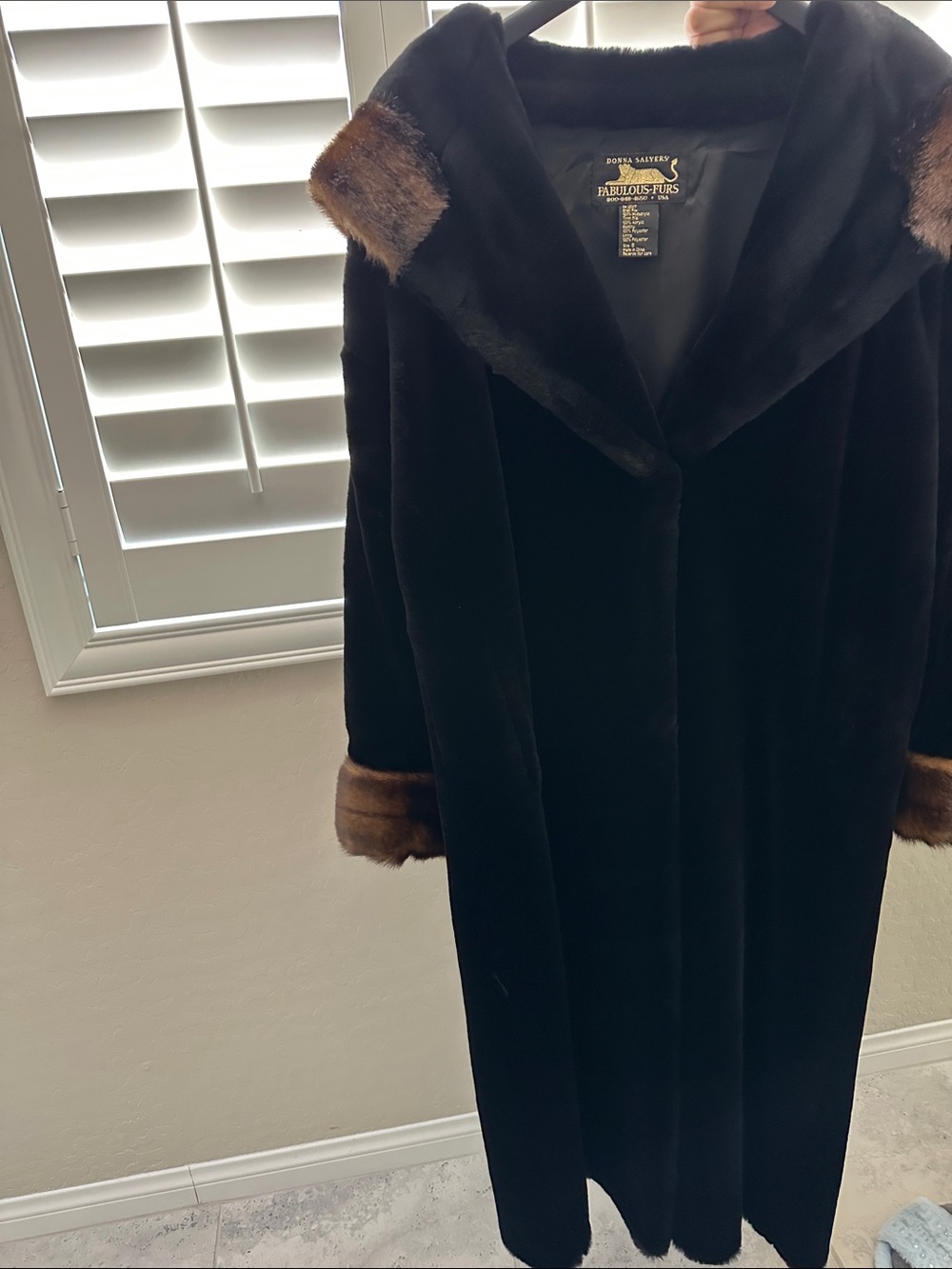 Fabulous Furs Black Faux Fur Long Coat with Brown Trim